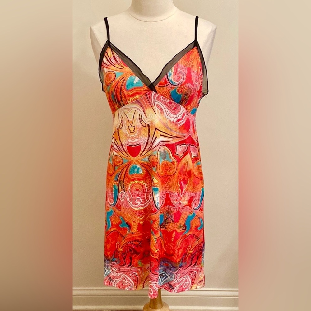 Nicole by Nicole Miller Red Pink Print Black Mesh SZ M Whimsigoth Y2K Nightgown